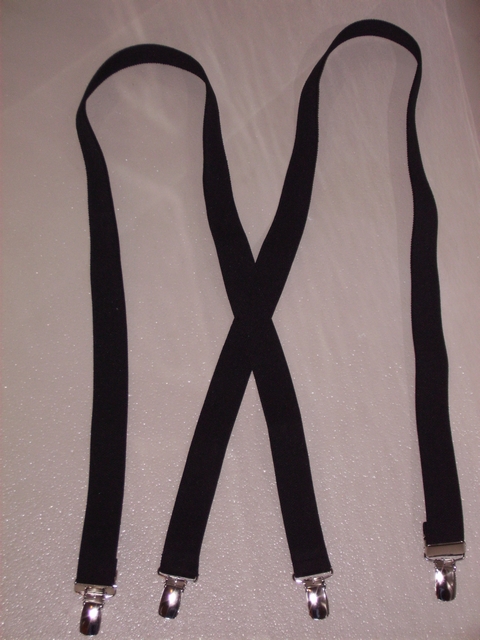 1" wide "X" Style. Choose From Assorted SIZES For Toddlers thru Adults. (Straps 25"- 54" long) To Fit 2' 1" thru 6' 2" Tall.  All Straps are stretchable Cotton/Polyester Hand Washable-Hang to Dry Material with 4 strong High Polished CHROME CLIPS with Nylon Teeth and 2 CHROME Adjusters in the Front.  All of our Suspenders are U.S. Made.       X-PC260N-D3C